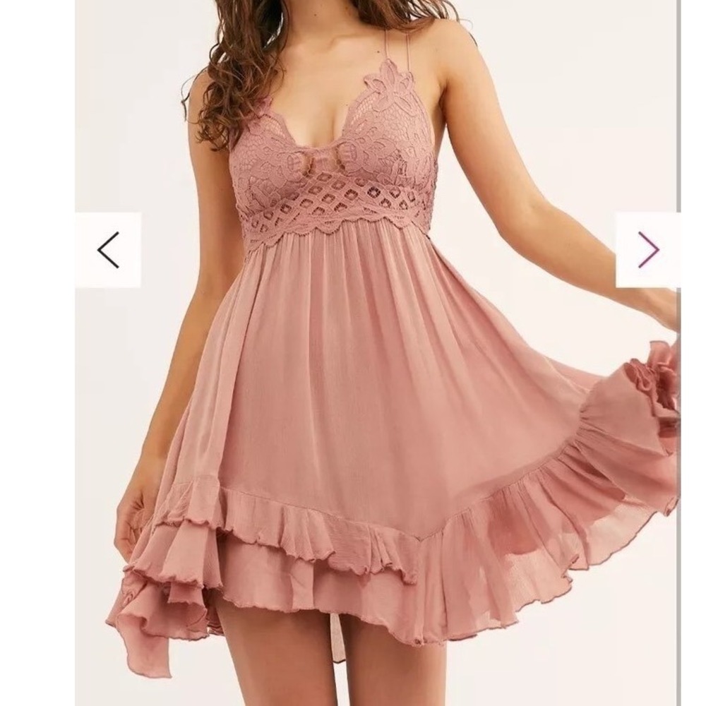 Free People FP One Adella Mini Dress Dusty Rose Pink Lace Boho Ruffle o1‎
